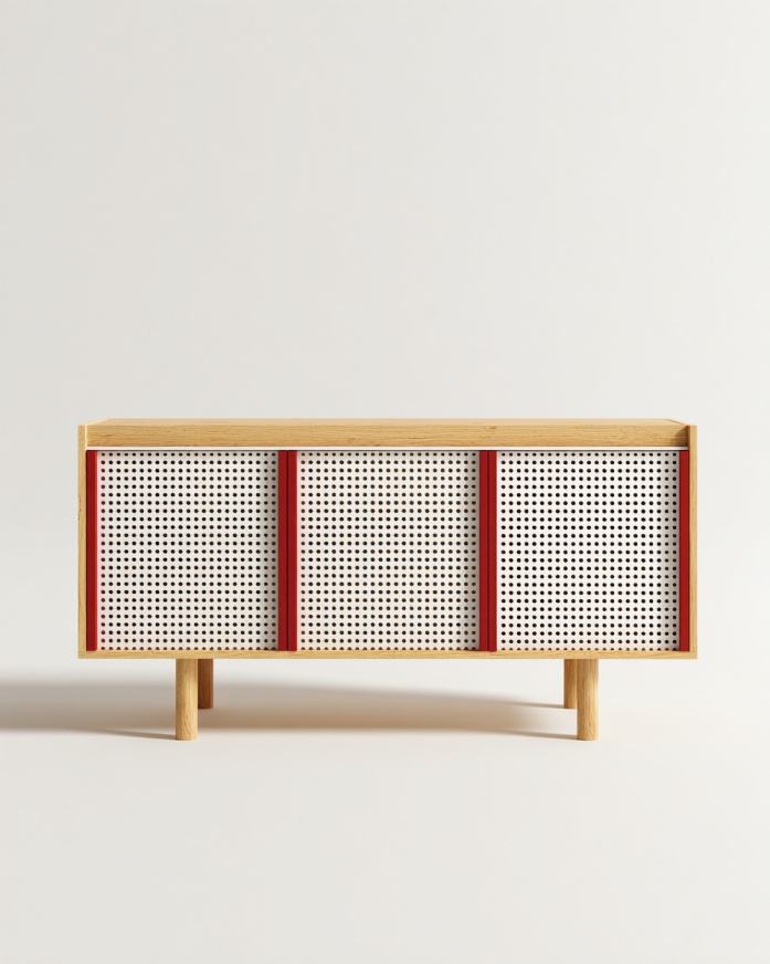 Aparador de tres puertas con rejilla de estilo nórdico en rojo y blanco