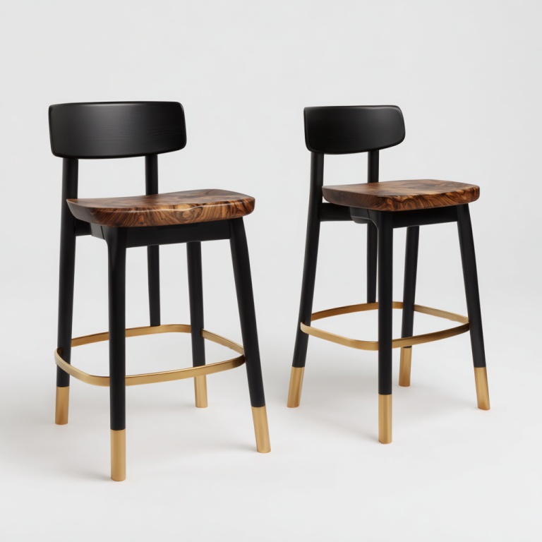 Taburete de bar de dos piezas de madera maciza con patas altas, respaldo negro + asiento de nogal + reposapiés de metal