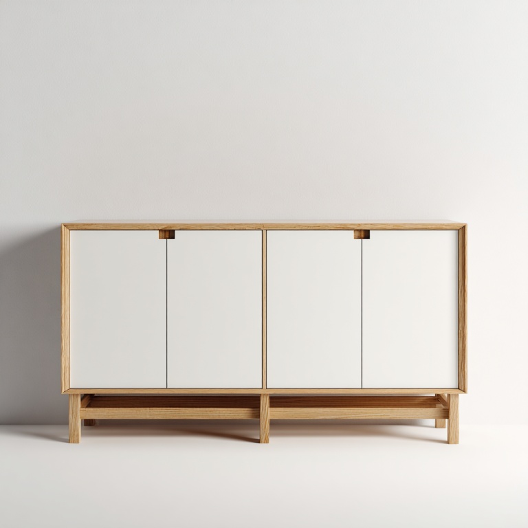 Aparador sencillo de cuatro puertas de madera maciza con paneles de puerta blancos y armario de almacenamiento con patas altas.