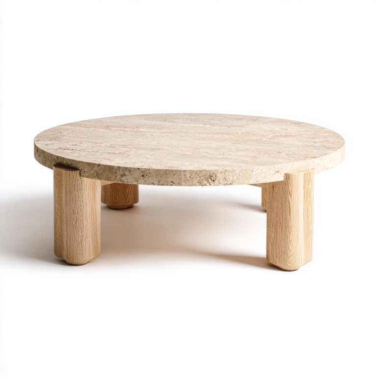 Mesa de centro redonda de piedra con patas cilíndricas de madera, diseño de mesa baja para sala de estar.