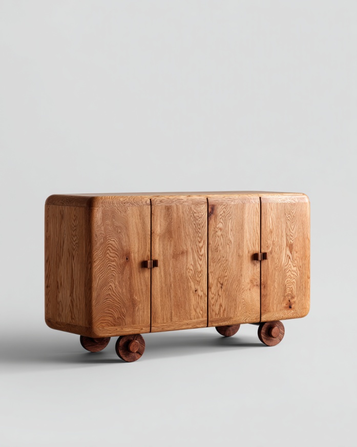 Aparador de madera maciza con esquinas redondeadas y mueble de almacenamiento con ruedas redondas decorativas