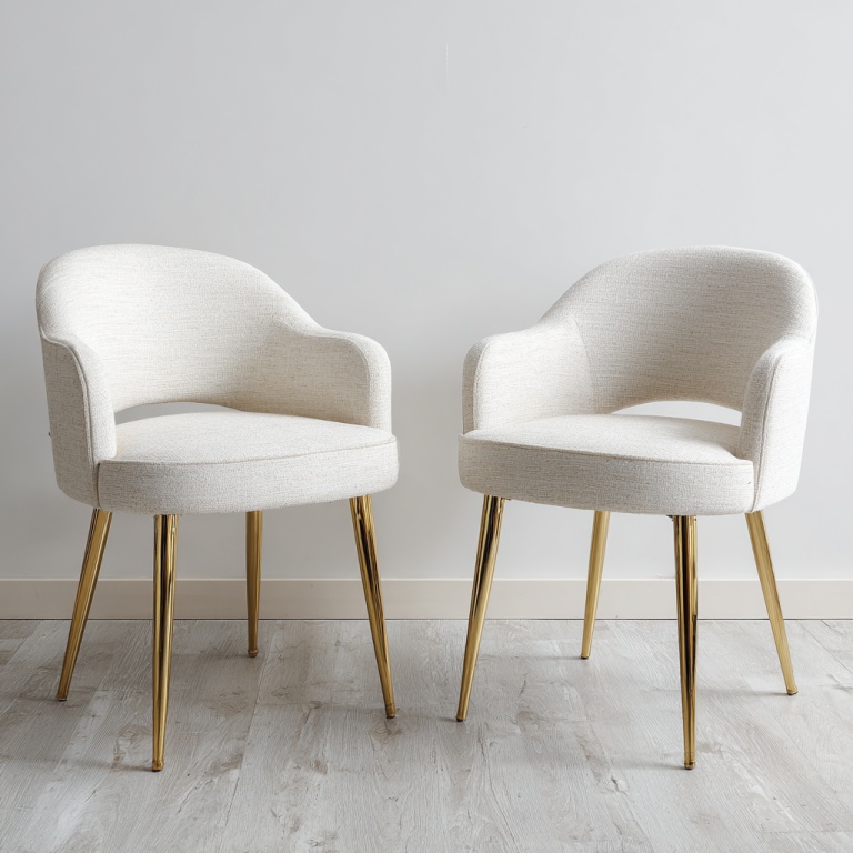 Silla de comedor de tela color blanco roto con patas y reposabrazos de metal, juego de dos piezas