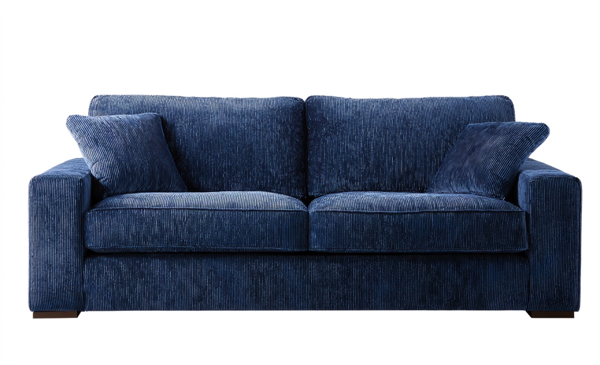 Sofá recto de pana azul de tres plazas con cojines y reposabrazos anchos