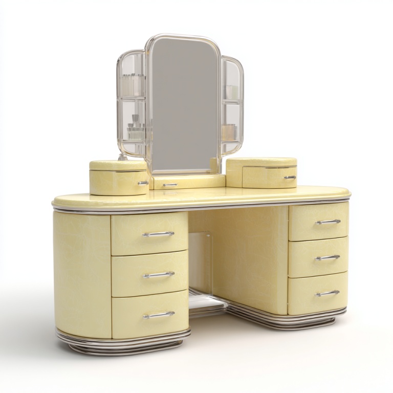 Tocador retro amarillo con espejo y múltiples cajones para guardar cosas.