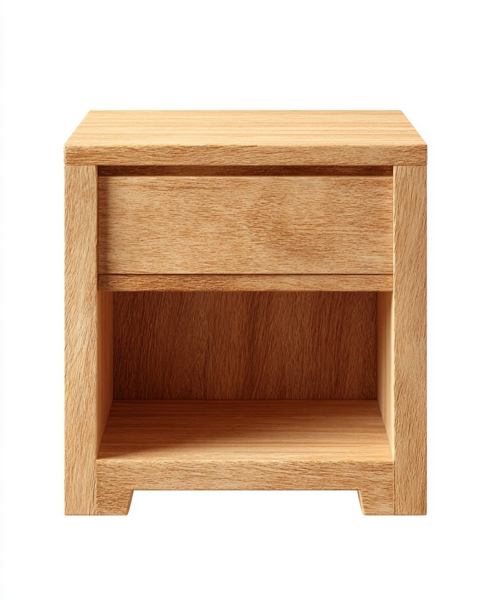 Mesita de noche de estilo nórdico en color madera natural con un solo cajón y compartimento de almacenamiento abierto