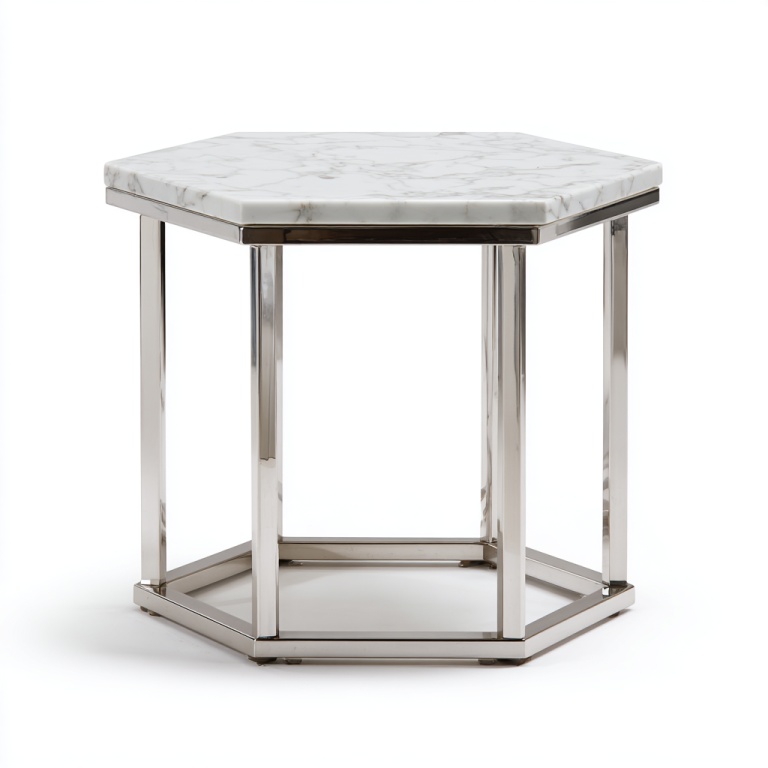 Mesa auxiliar hexagonal con tapa de mármol y base de metal cromado