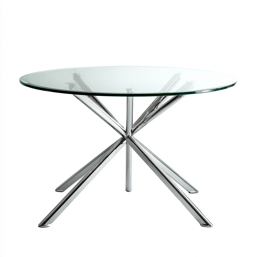 Mesa redonda de vidrio con base en cruz cromada - Contemporánea
