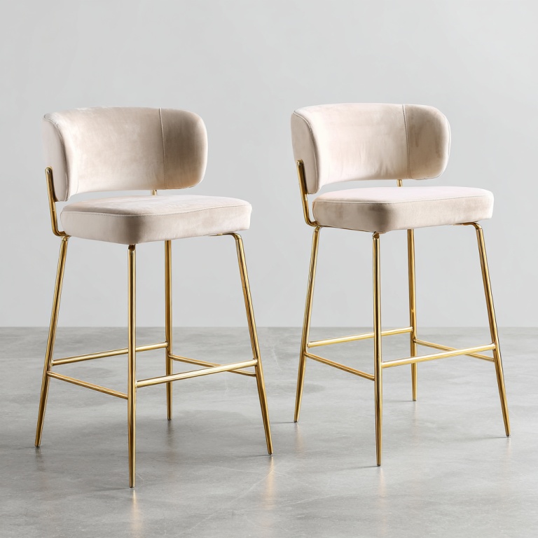 Conjunto de dos sillas altas de bar de estilo nórdico de ante y metal con respaldo suave en color blanco roto.