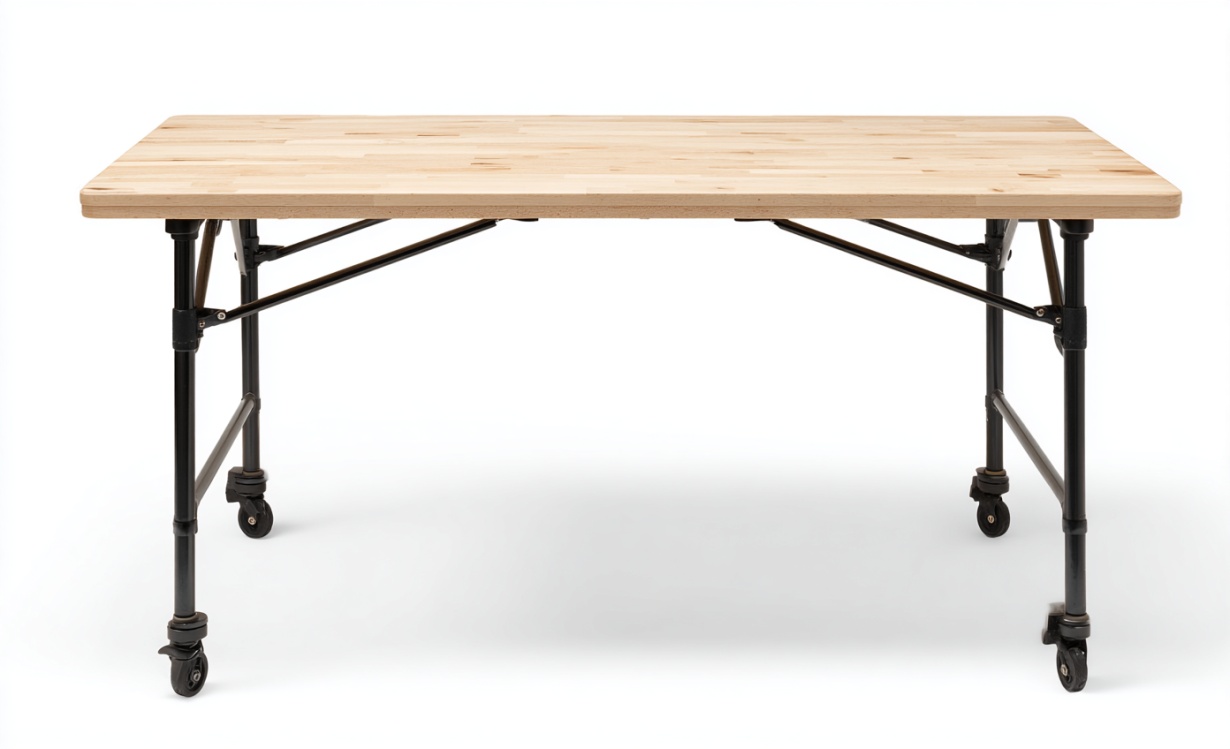 Escritorio de trabajo de madera con diseño extensible y soporte negro con ruedas.