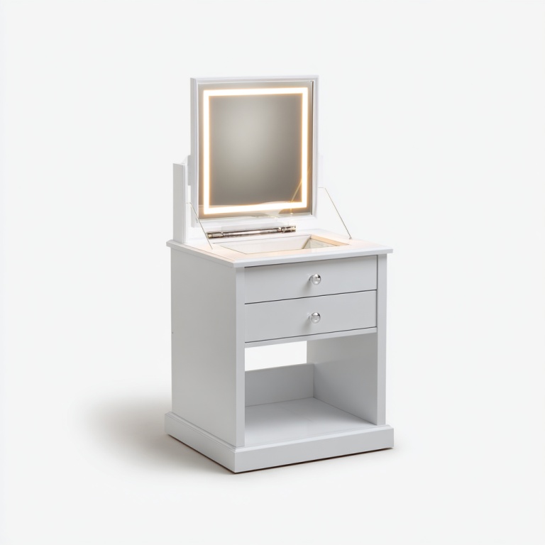Tocador abatible blanco con espejo con luz LED y dos cajones de diseño.
