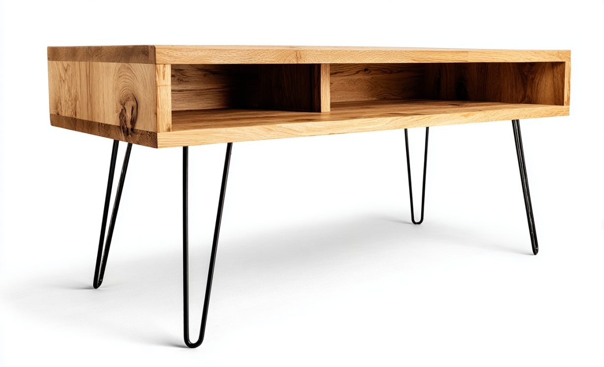 Escritorio retro de madera con patas de hierro negro y diseño de compartimento de almacenamiento abierto.