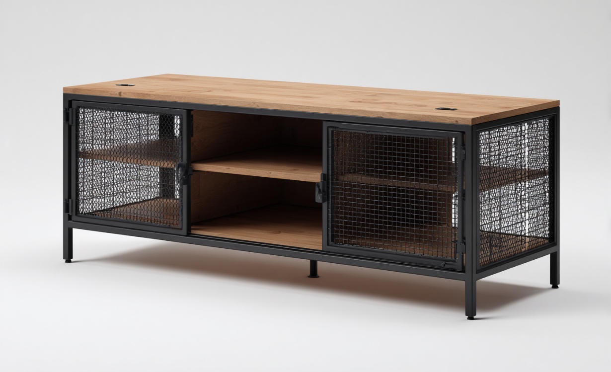 Mueble de TV de madera de hierro de estilo industrial con diseño de doble puerta y estantes de almacenamiento.
