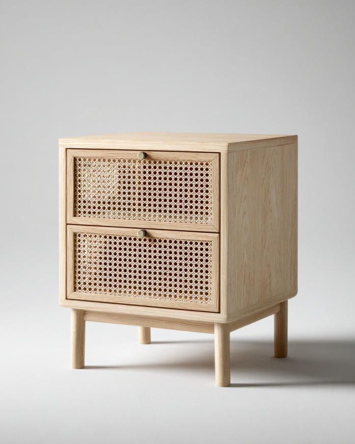 Mesita de noche de ratán con dos cajones en color madera natural y diseño de estilo natural.