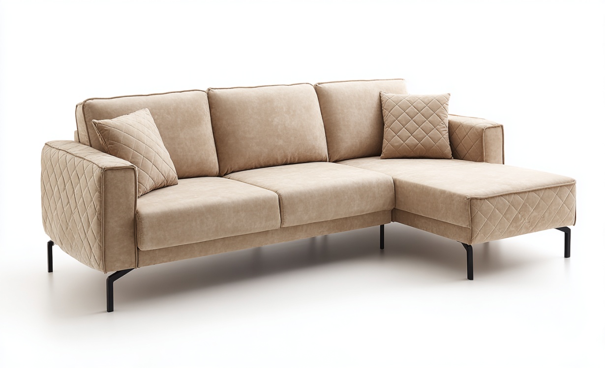 Sofá esquinero en forma de L de terciopelo marrón claro con patas de metal para tres personas