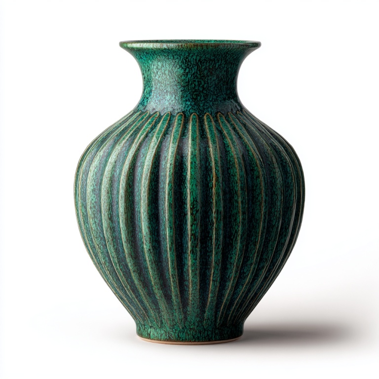 Jarrón de cerámica verde con patrón vertical, adornos retro para decoración del hogar.