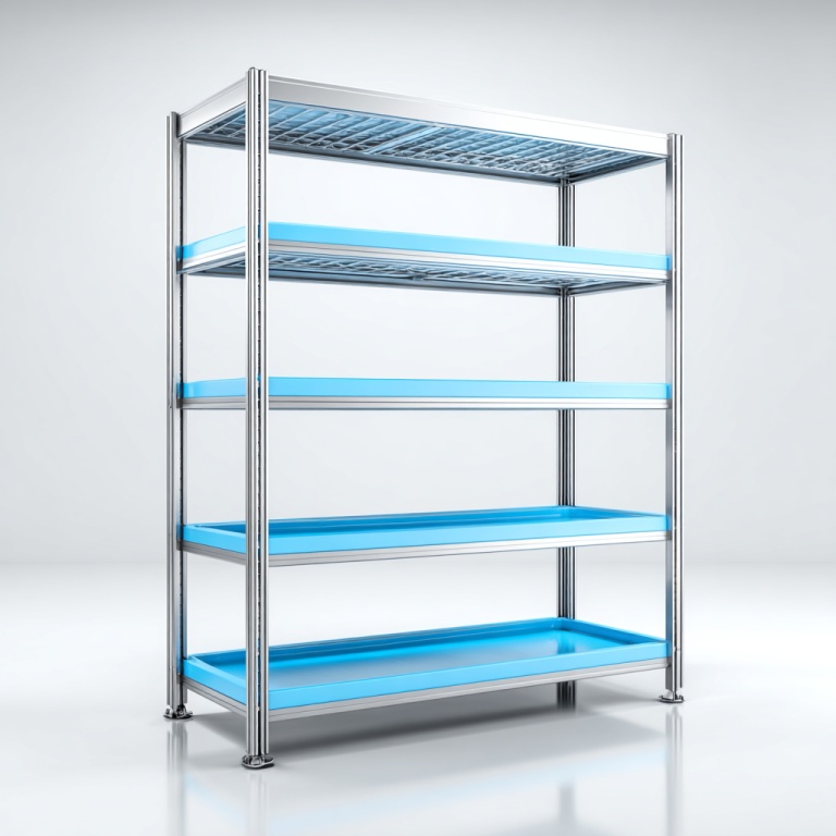 Estantes de acero inoxidable de cuatro capas con estantes de paletas azules para cocinas/almacenes industriales