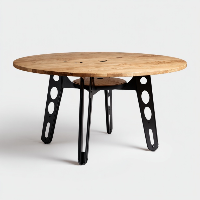 Mesa de comedor redonda con tablero de madera y patas de metal perforado.