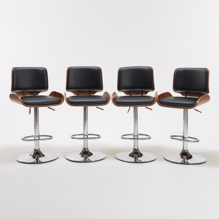 Taburete de bar elevable y giratorio de cuatro piezas con base de metal + cuero sintético negro + acabado veta de madera