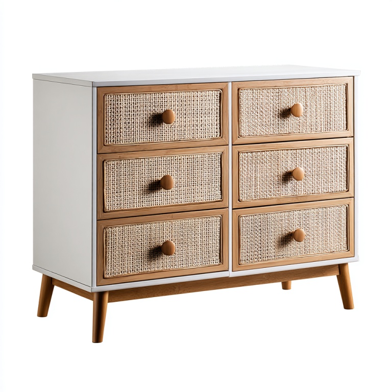 Cómoda de seis cajones de estilo nórdico con diseño tejido, mueble de almacenaje de madera de roble blanco en dos tonos