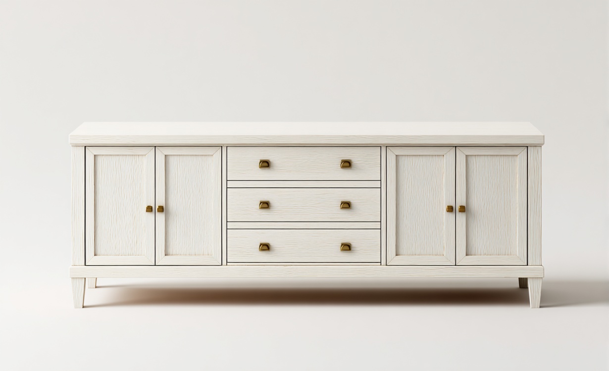 Mueble de TV de estilo clásico con vetas de madera clara, con múltiples puertas y cajones, aparador de almacenamiento