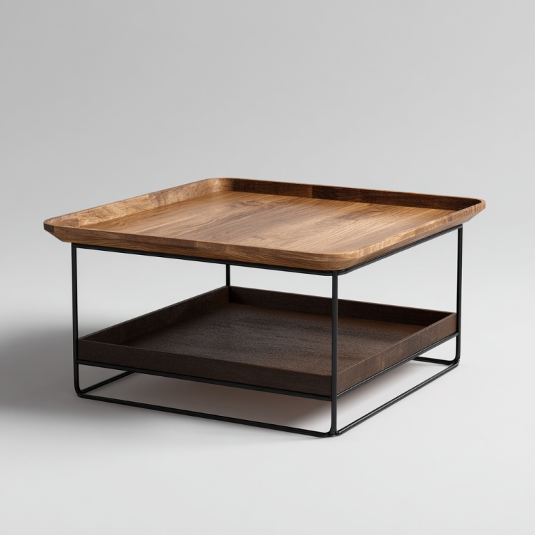 Mesa de centro cuadrada de doble capa con estructura de estante de madera y diseño de marco de metal negro.