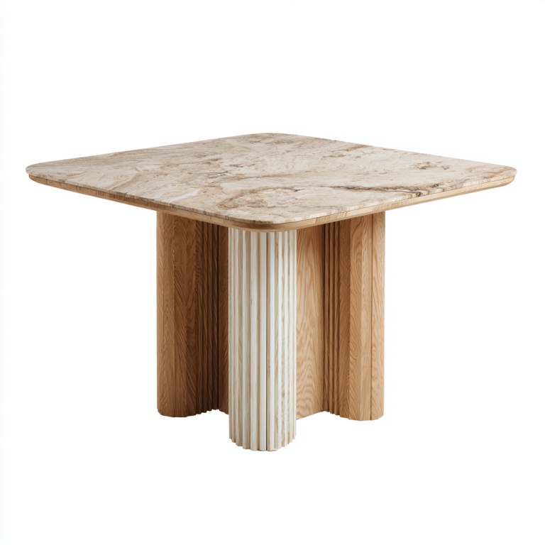 Mesa de comedor cuadrada con tapa de mármol y base cilíndrica de madera.
