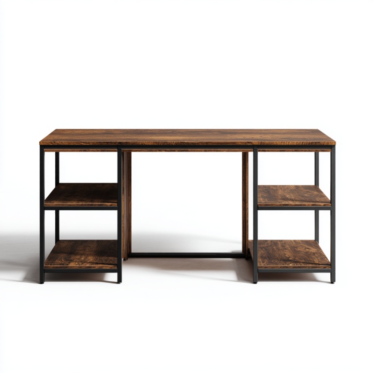 Escritorio de trabajo de estilo industrial, escritorio de computadora de oficina con estantes laterales dobles