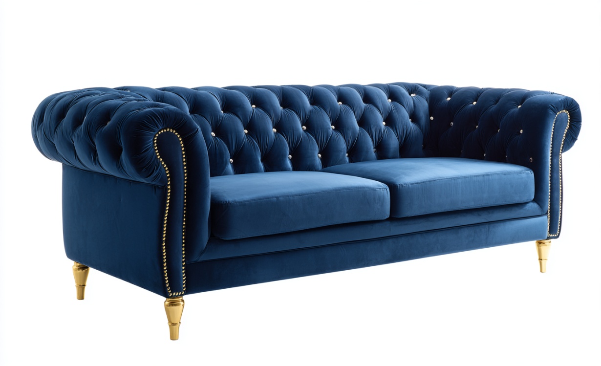 Sofá de tres plazas con botones de terciopelo azul y patas decorativas doradas