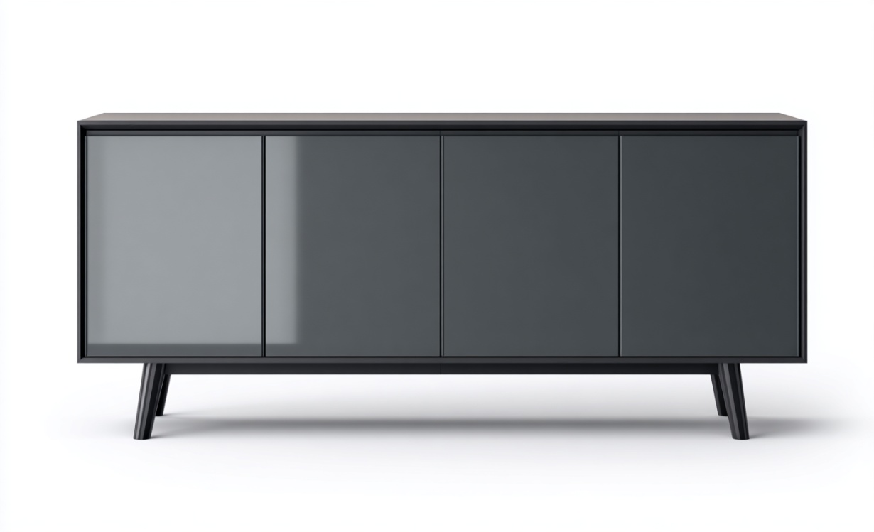 Gabinete de almacenamiento negro de cuatro puertas, moderno y sencillo, mueble auxiliar para TV en sala de estar.