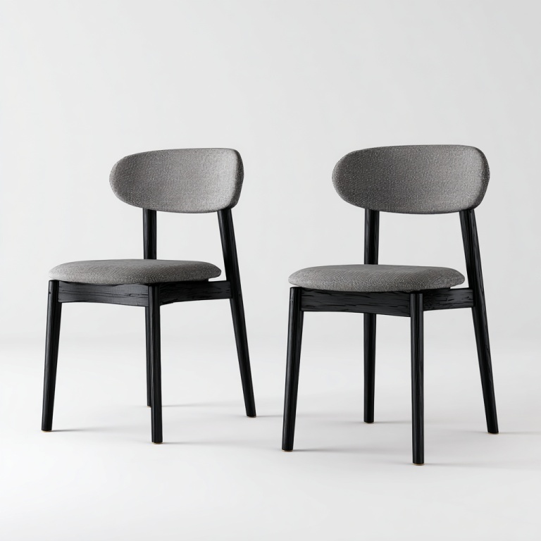 Silla de comedor minimalista moderna de dos piezas de tela gris con patas de madera maciza negra