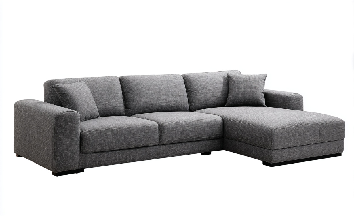 Sofá esquinero de tela gris oscuro con diseño de chaise longue a la derecha