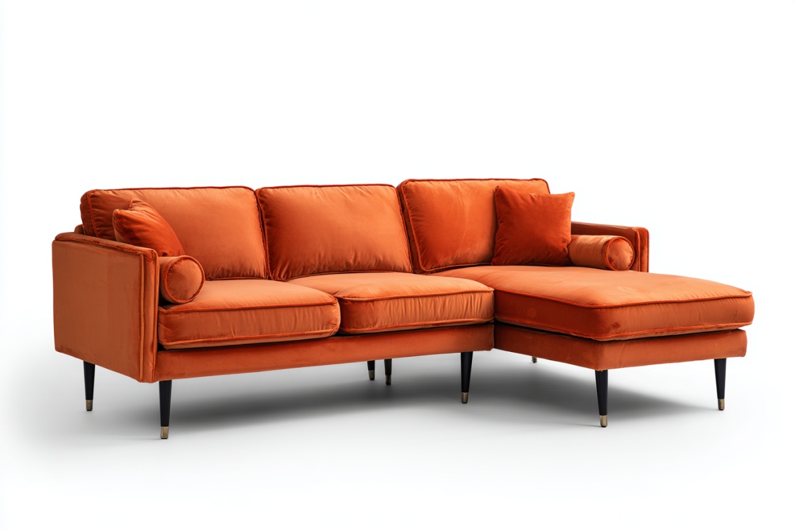 Sofá esquinero de tres plazas con chaise longue derecha en tejido de ante naranja