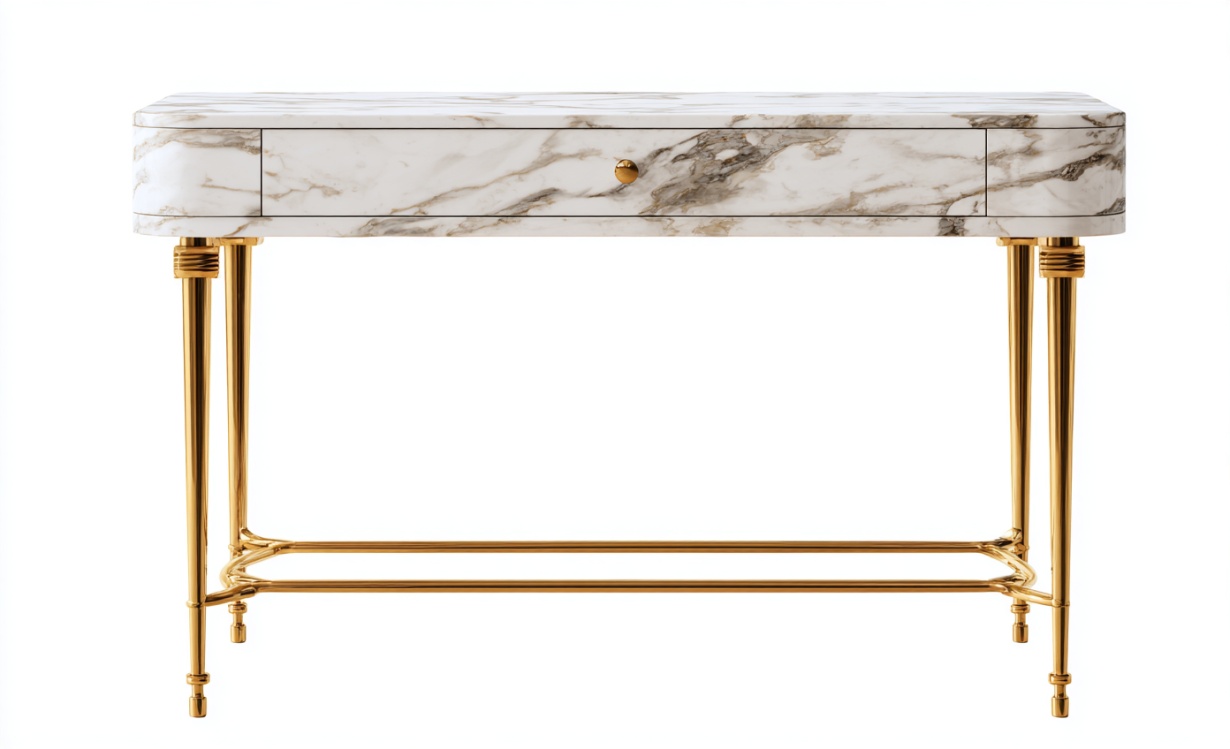 Mueble de TV con diseño de mármol y patas de metal dorado, diseño de estilo minimalista moderno.