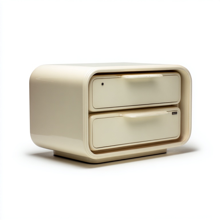 Mesilla de noche de dos cajones en color crema brillante con esquinas redondeadas y diseño estilizado.