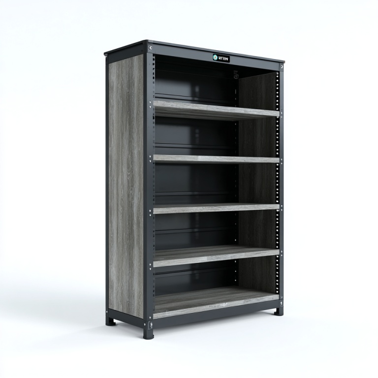 Estante de madera de cinco capas con marco de metal negro para almacenamiento en el hogar o la oficina