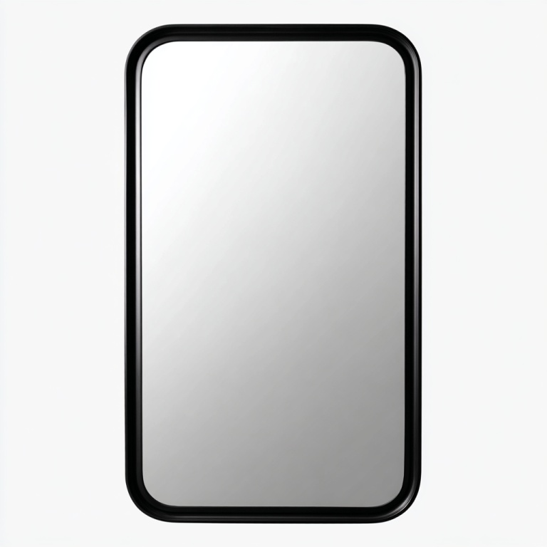 Espejo de pared rectangular con esquinas redondeadas y marco de metal negro, espejo decorativo para el hogar.