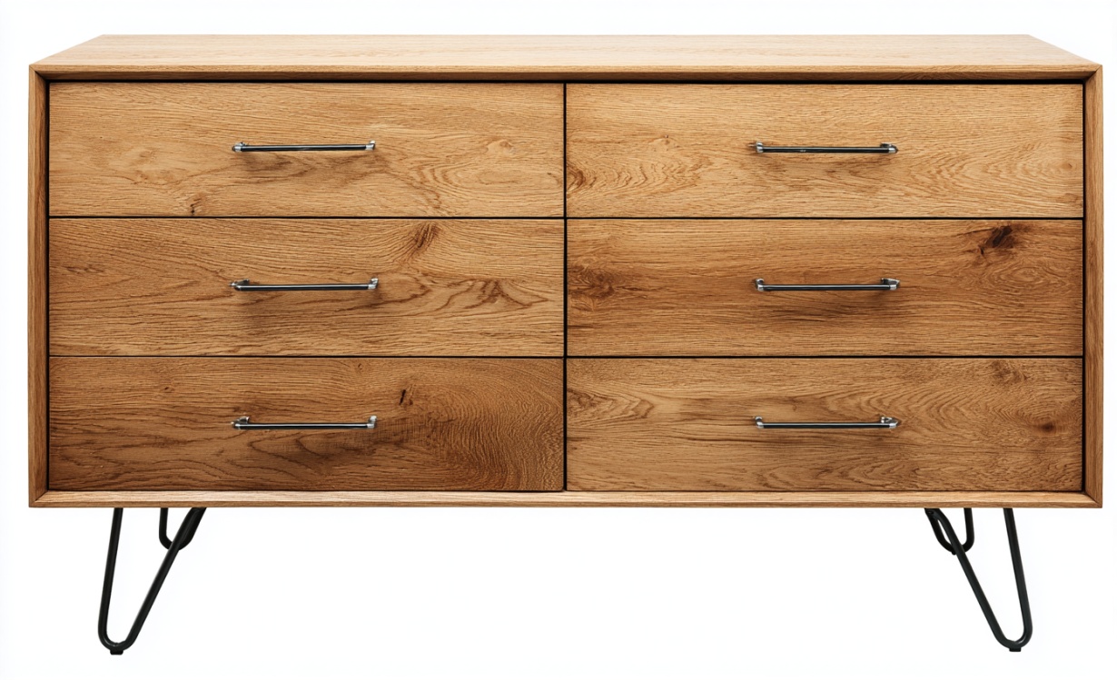 Cómoda de seis cajones de madera natural estilo nórdico patas de hierro negro