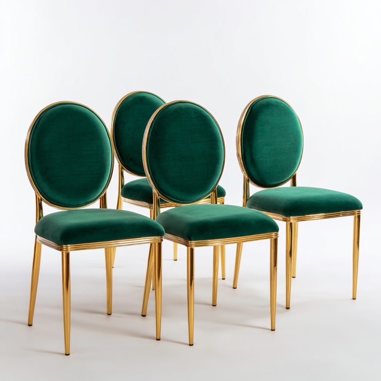 Juego de sillas de comedor de terciopelo verde con patas de metal dorado.