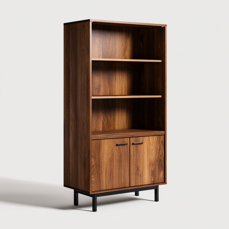 Estantería abierta con veta de madera y puerta para guardar cosas