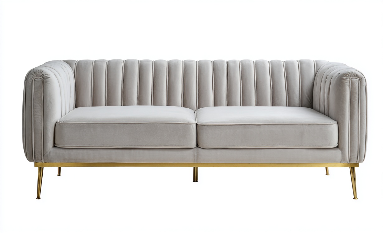 Sofá recto de tres plazas con patas de metal en terciopelo gris y blanco, muebles de tela para sala de estar