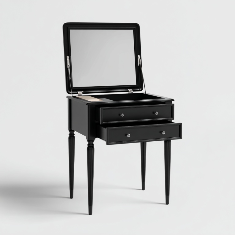 Tocador negro con espejo abatible y cajones dobles.