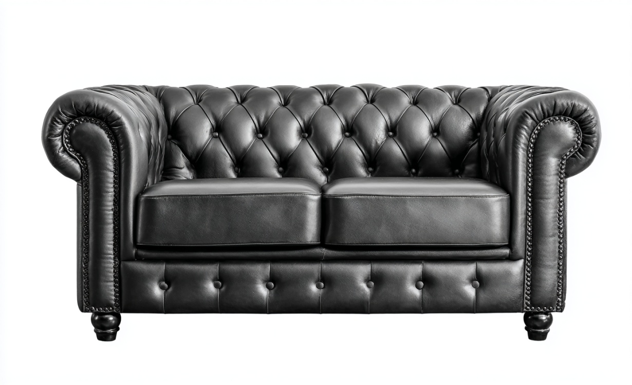 Sofá doble de piel negra con borde enrollado y decoración de remaches en los reposabrazos.