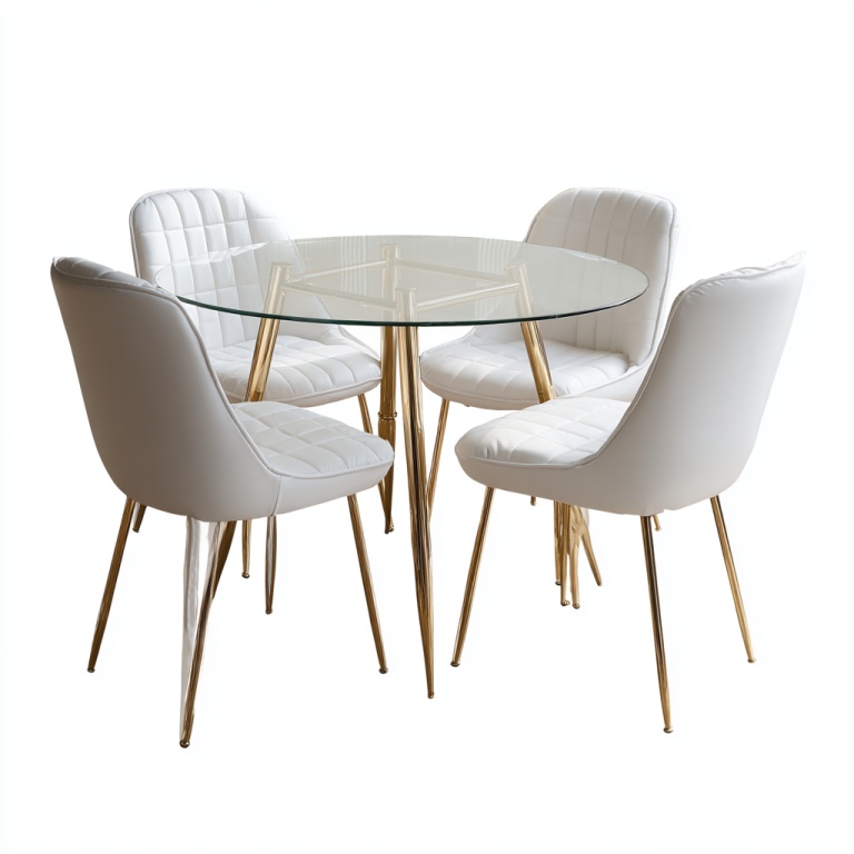 Juego de comedor moderno con mesa redonda de cristal y 4 sillas tapizadas en blanco con patas doradas.