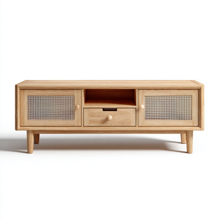 Mueble de TV con puerta de ratán de madera, mueble de TV para sala de estar, mueble de almacenamiento