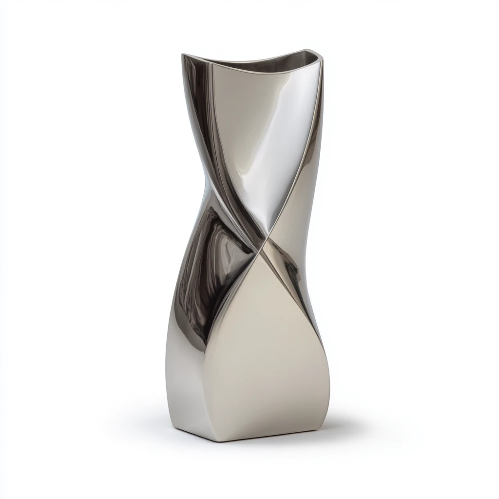 Jarrón de metal retorcido para decoración del hogar.