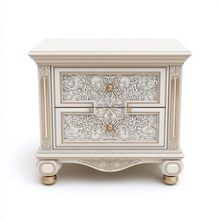 Mesita de noche de estilo europeo con dos cajones tallados en un elegante tono oro blanco.