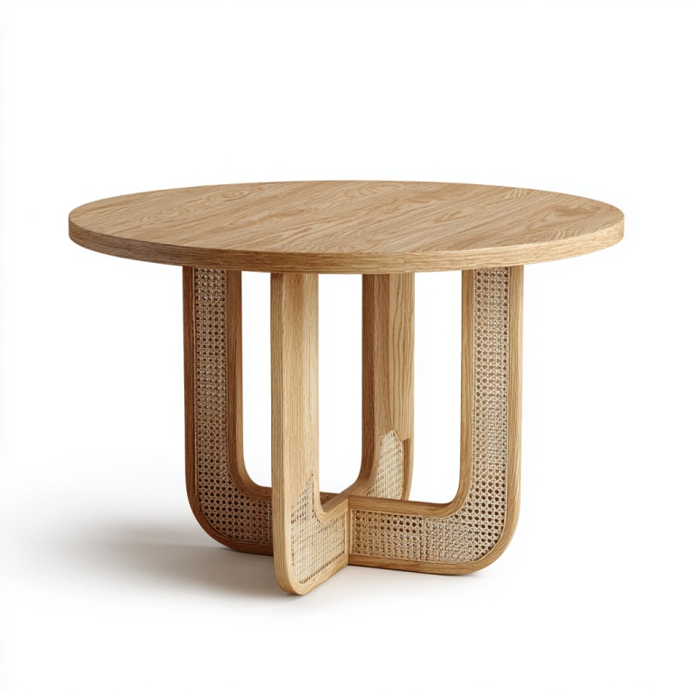 Mesa redonda con base de ratán natural y acabado en madera clara.