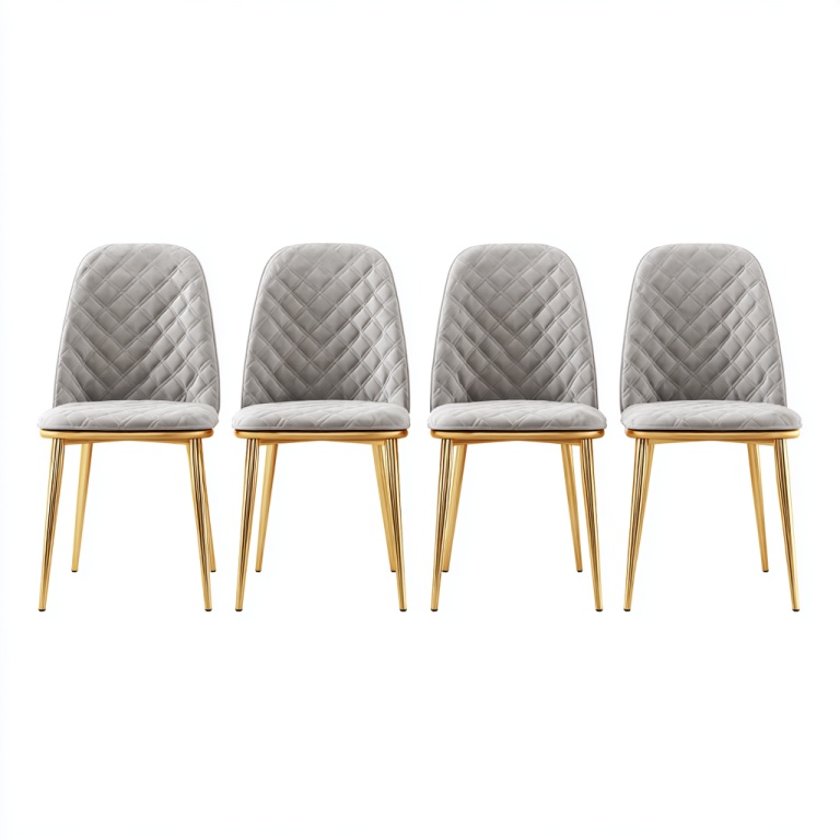 Juego de cuatro sillas de comedor con patas de metal y terciopelo, sillas de comedor tapizadas en gris