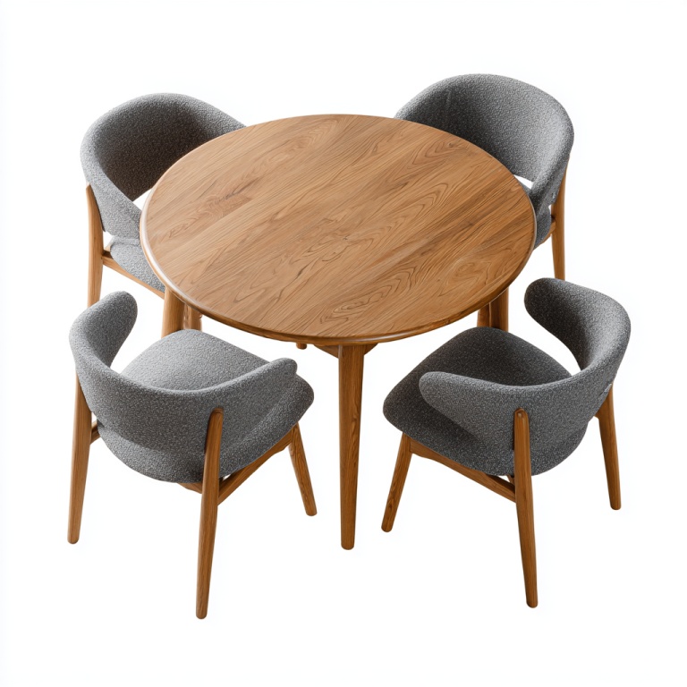 Conjunto de mesa de comedor escandinava con mesa redonda de madera y 4 sillas tapizadas en gris