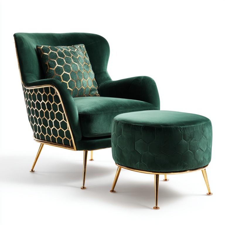 Sillón de ocio decorativo de metal verde con reposapiés, moderno sillón individual de terciopelo con diseño de panal.